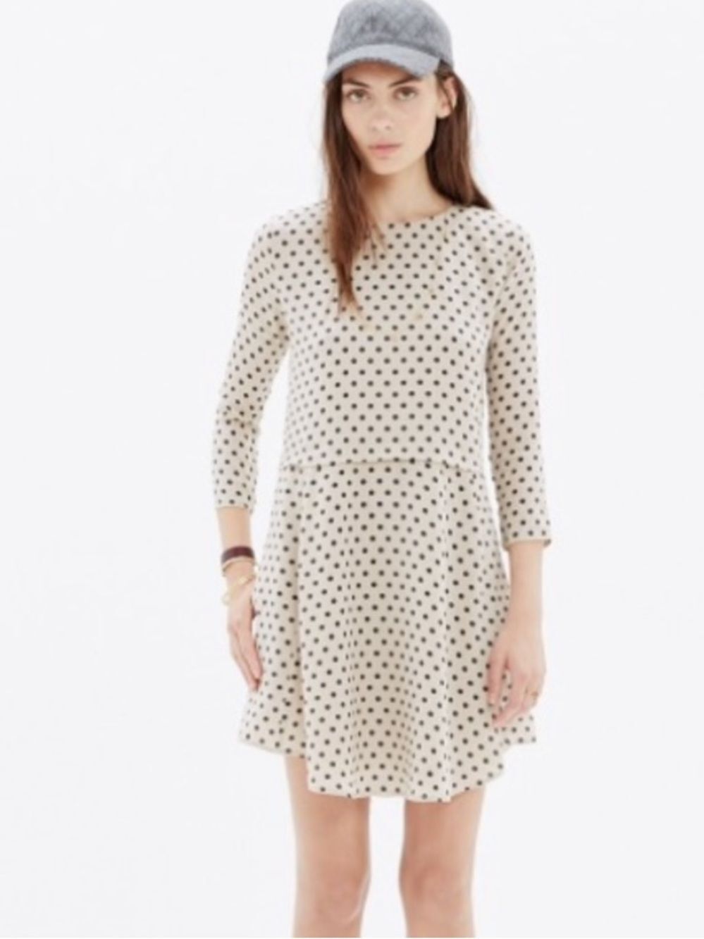 Madewell Dress silk Tan Black Polka-Dot Flowy Preppy Mini Babydoll XS